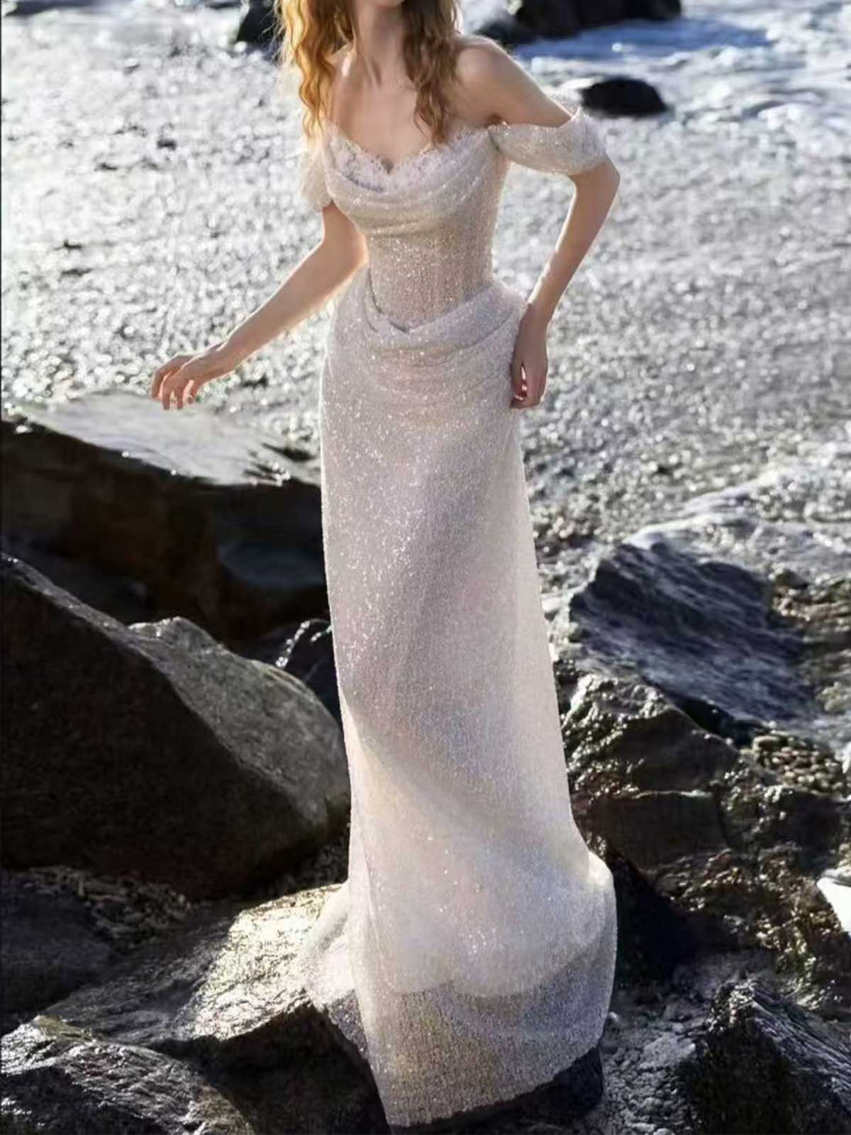 Ivory Sequin Off-the-Shoulder Mermaid Wedding Dress
