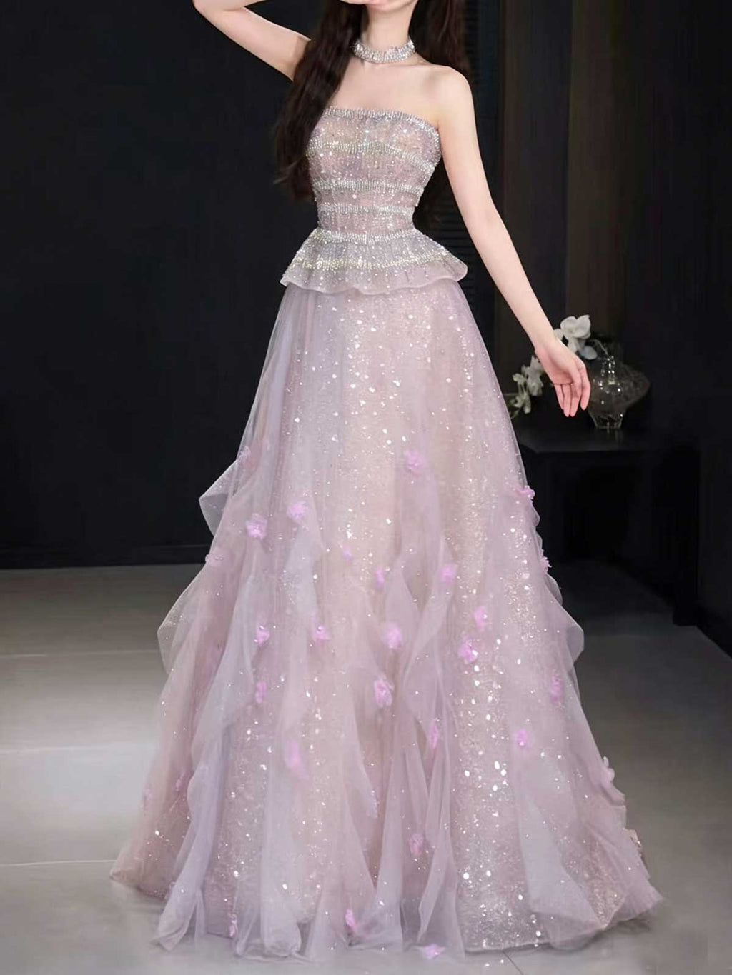 Blush Pink Strapless Sequin Tulle Ball Gown with 3D Floral Appliqués