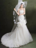 Strapless White Tulle Mermaid Wedding Dress with 3D Floral Appliqués