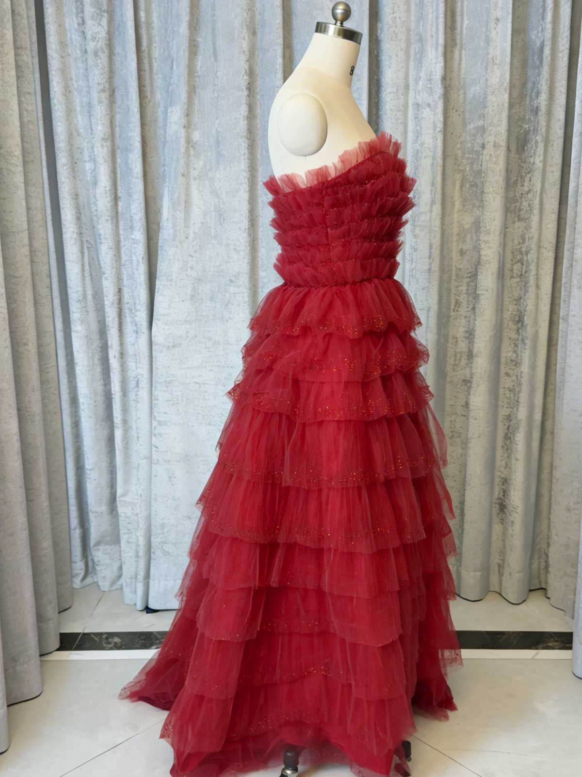 Romantic Red Layered Tulle Maxi Gown for Prom & Weddings