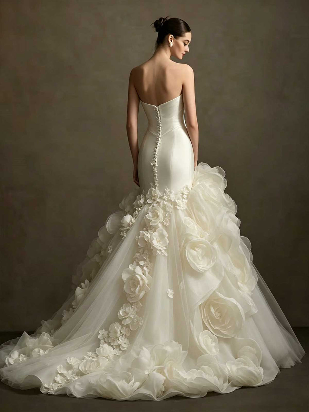 Ivory Satin Strapless Mermaid Wedding Dress with 3D Floral Ruffle Hem