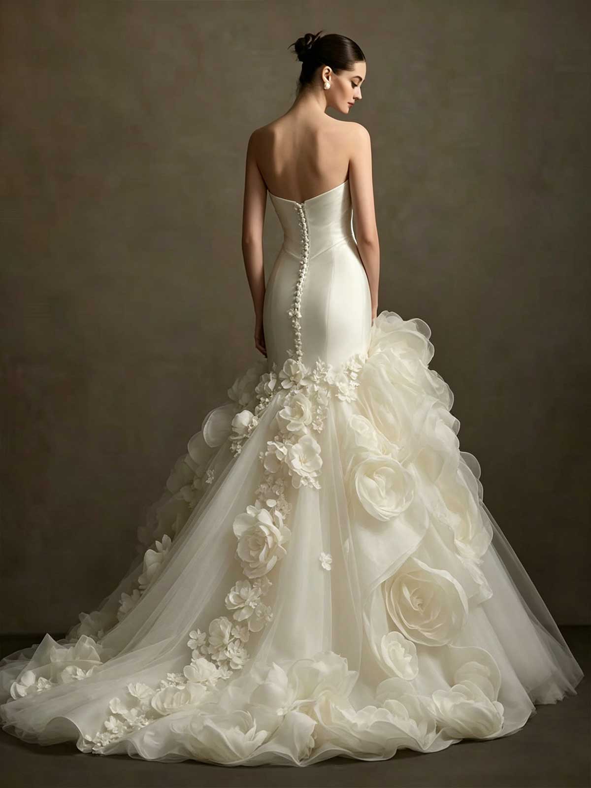 Ivory Satin Strapless Mermaid Wedding Dress with 3D Floral Ruffle Hem