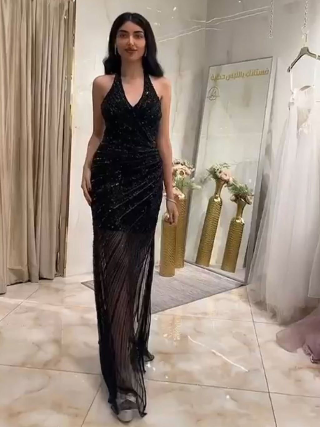 Black Sequin Halter Neck Sheer Mesh Mermaid Evening Gown