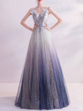 Ombre Blue to Purple Sequin Tulle Prom Dress with Spaghetti Straps