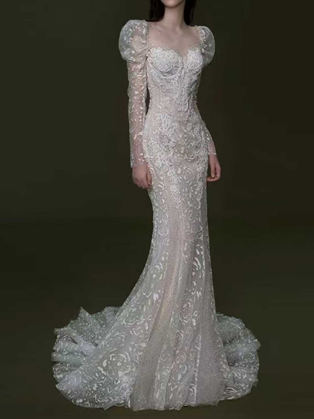 Ivory Lace Puff Sleeve Long Sleeve Mermaid Wedding Dress