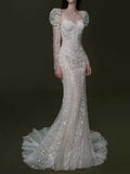 Ivory Lace Puff Sleeve Long Sleeve Mermaid Wedding Dress