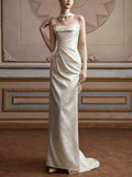 Ivory Jacquard Satin Slip Evening Gown with Choker Neckline