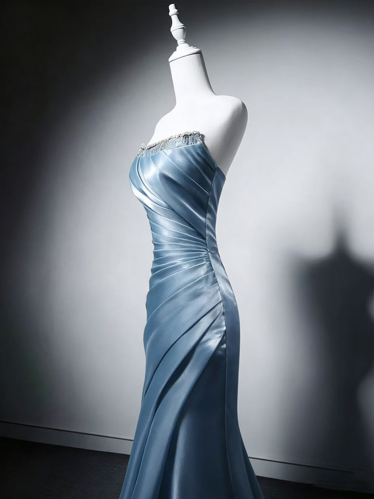 Dusty Blue Strapless Satin Mermaid Evening Gown with Beading