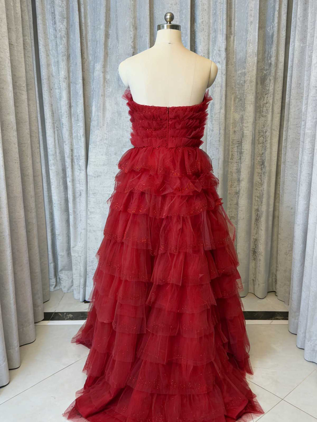 Romantic Red Layered Tulle Maxi Gown for Prom & Weddings