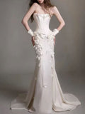 Ivory 3D Floral Strapless Satin Mermaid Wedding Dress with Gloves