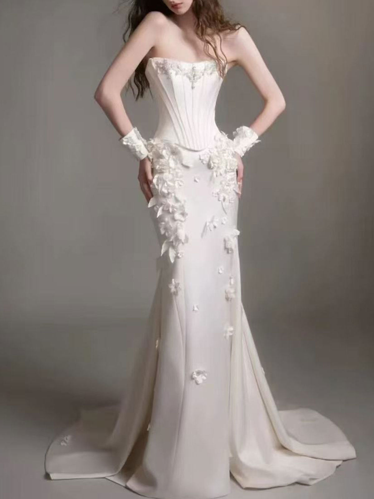 Ivory 3D Floral Strapless Satin Mermaid Wedding Dress with Gloves