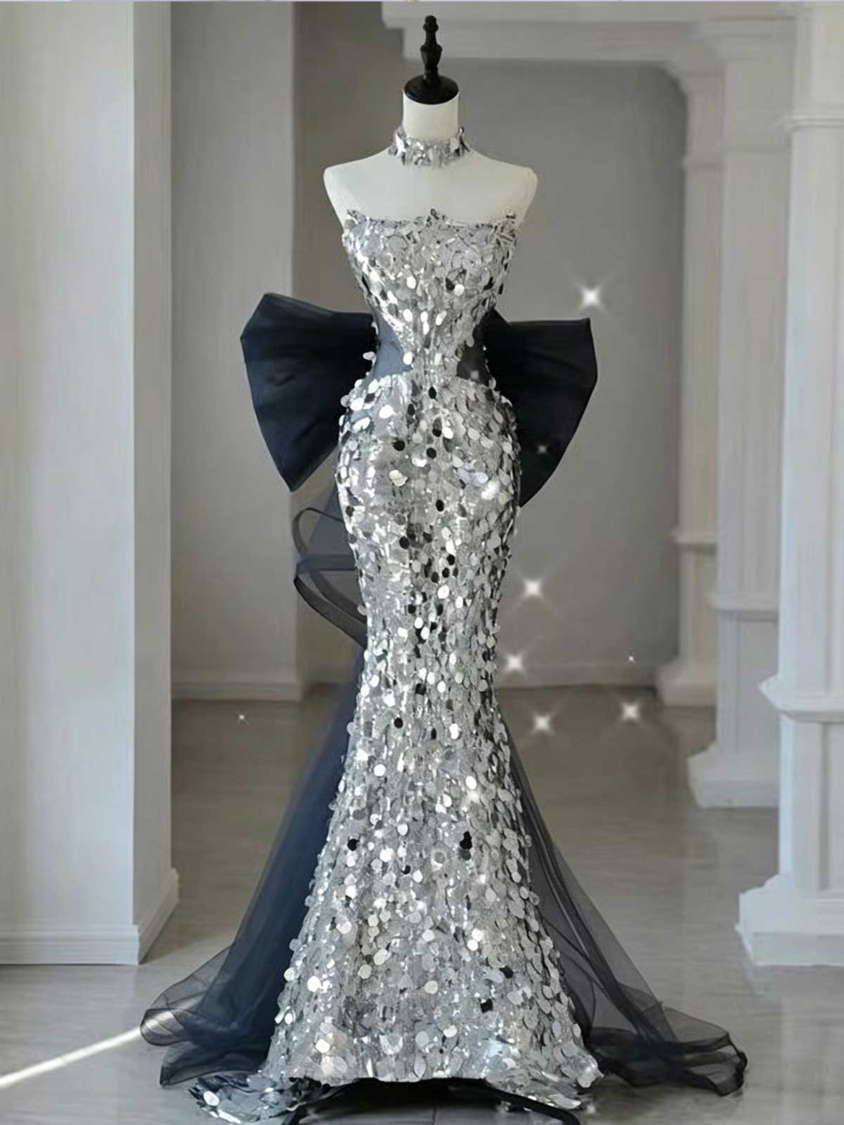 Silver Strapless Sequin Mermaid Evening Gown with Oversized Bow