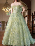 Mint Green 3D Floral Applique Off-the-Shoulder A-Line Prom Gown
