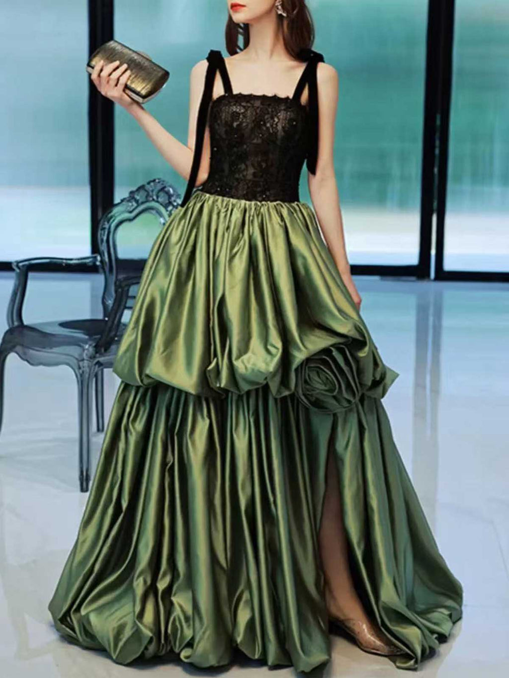 Black Lace Top & Green Satin Skirt Two-Piece Evening Gown