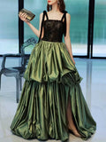 Black Lace Top & Green Satin Skirt Two-Piece Evening Gown