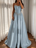 Light Blue Satin Strapless Beaded Ball Gown Evening Dress
