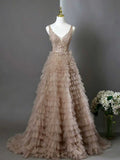 Blush Nude V-Neck Sequin Tiered Tulle Ball Gown with Train