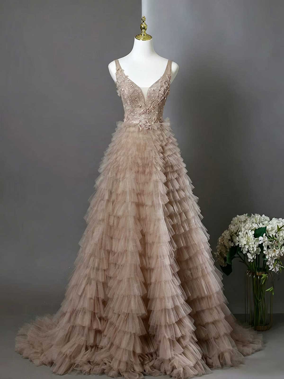 Blush Nude V-Neck Sequin Tiered Tulle Ball Gown with Train