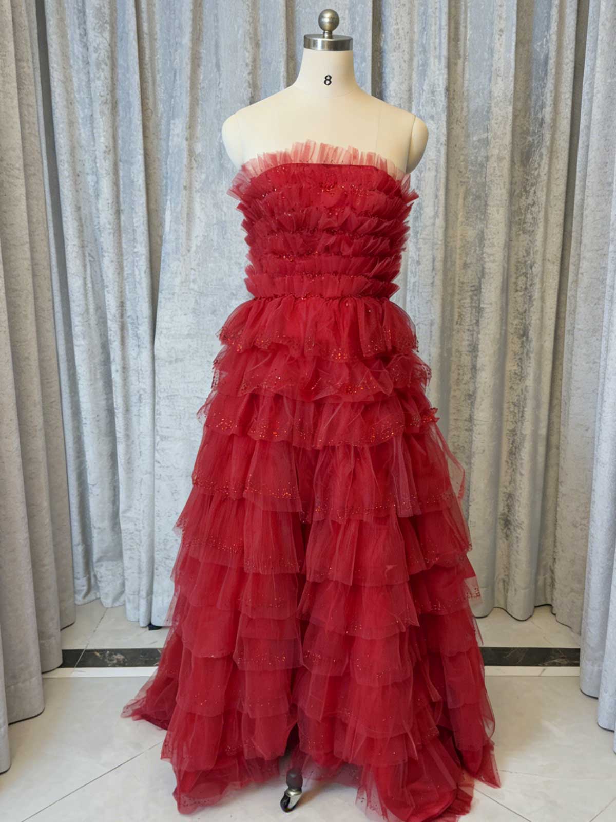 Romantic Red Layered Tulle Maxi Gown for Prom & Weddings