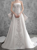 Ivory Satin Beaded Strapless A-Line Wedding Dress with Oversized Bow