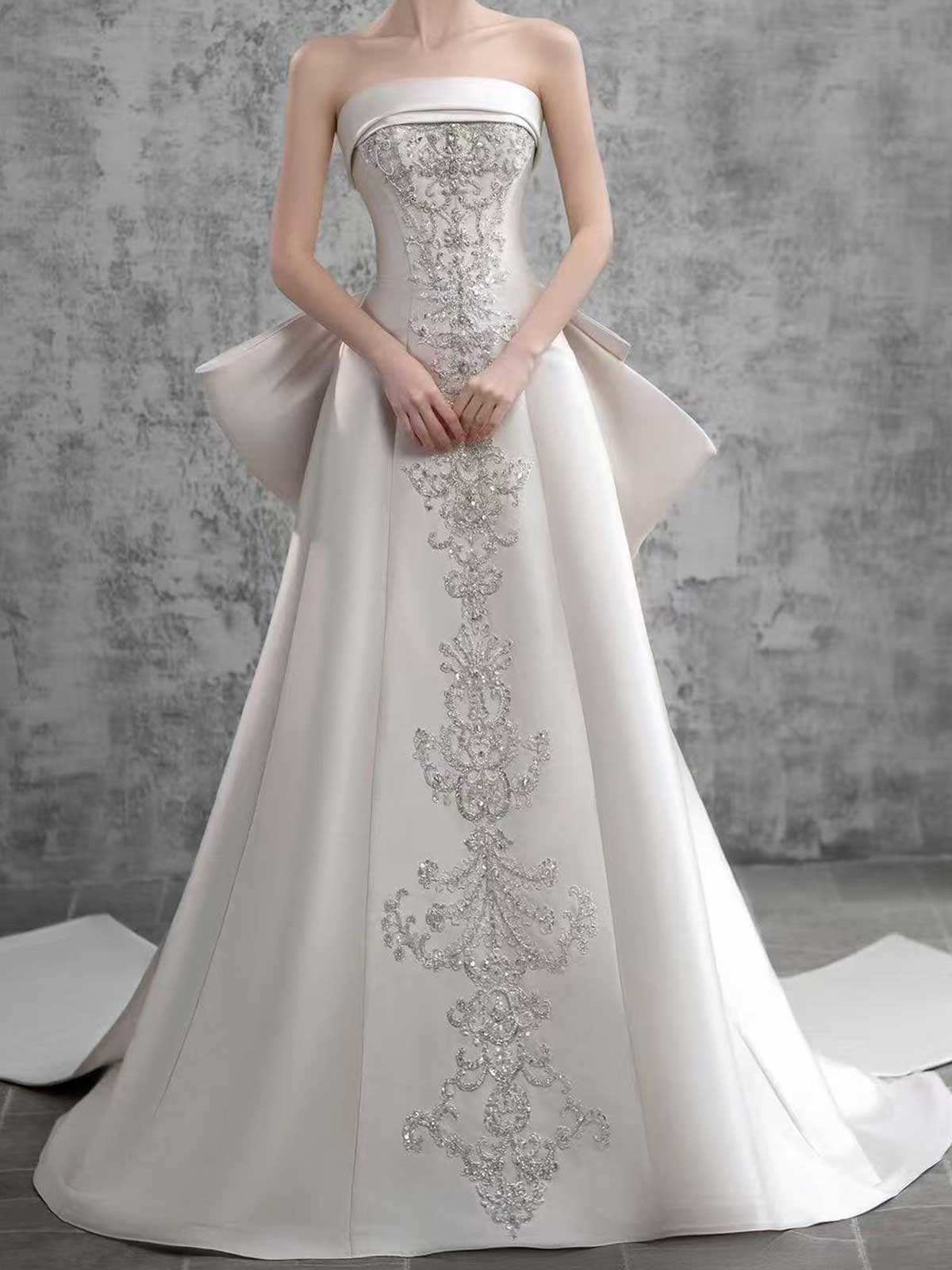 Ivory Satin Beaded Strapless A-Line Wedding Dress with Oversized Bow