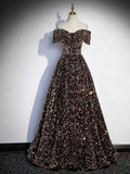 Black and Gold Off-the-Shoulder Sequin Ball Gown with Fringe Trim
