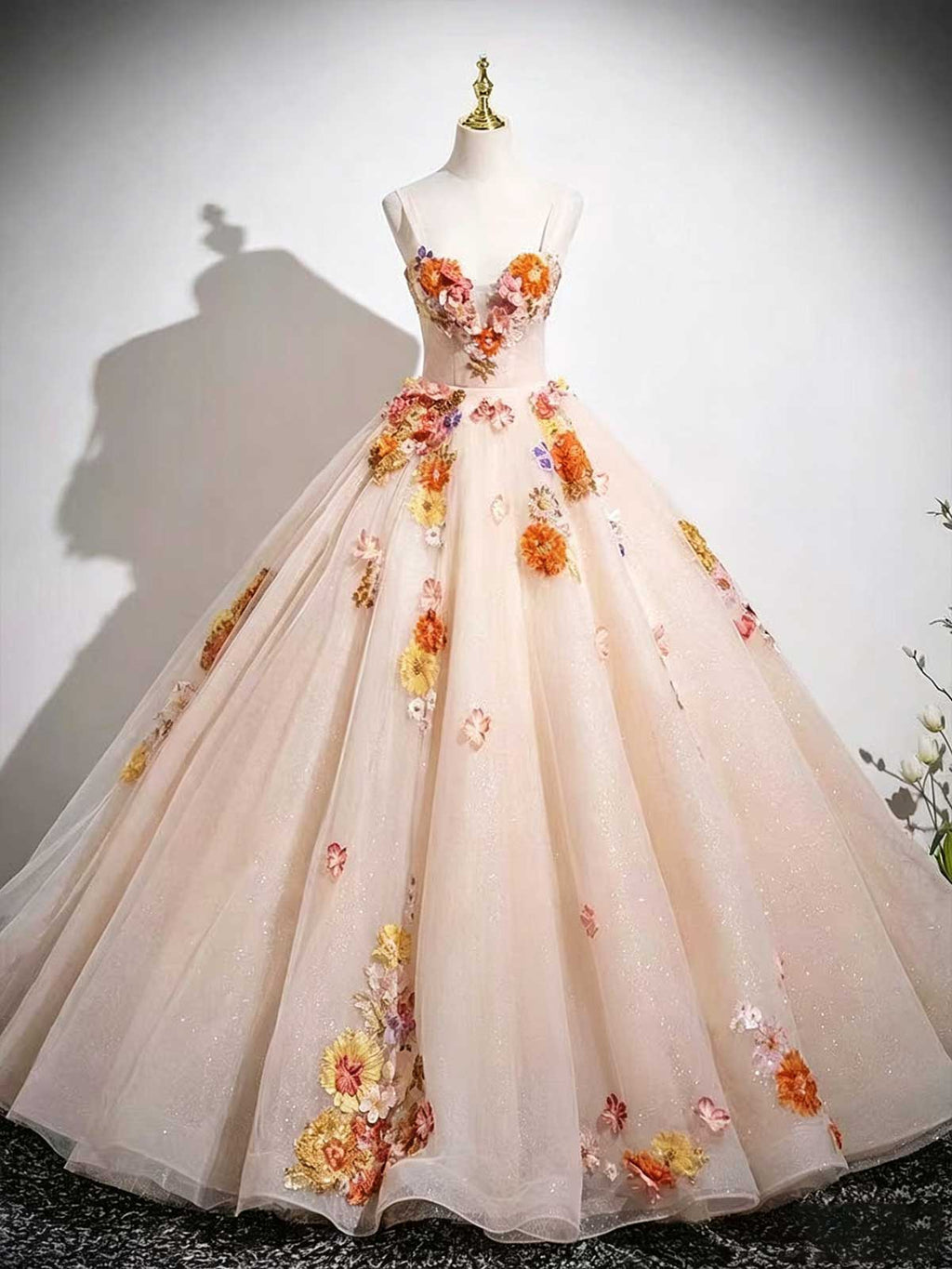 Peach Blush Strapless Ball Gown with 3D Floral Appliqués & Glitter Tulle