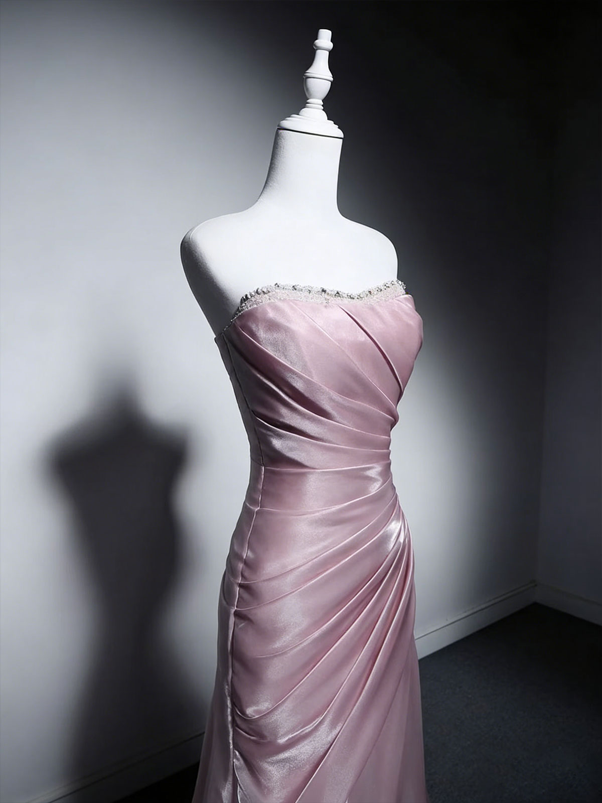 Dusty Pink Satin Mermaid Gown with Ruched Detailing