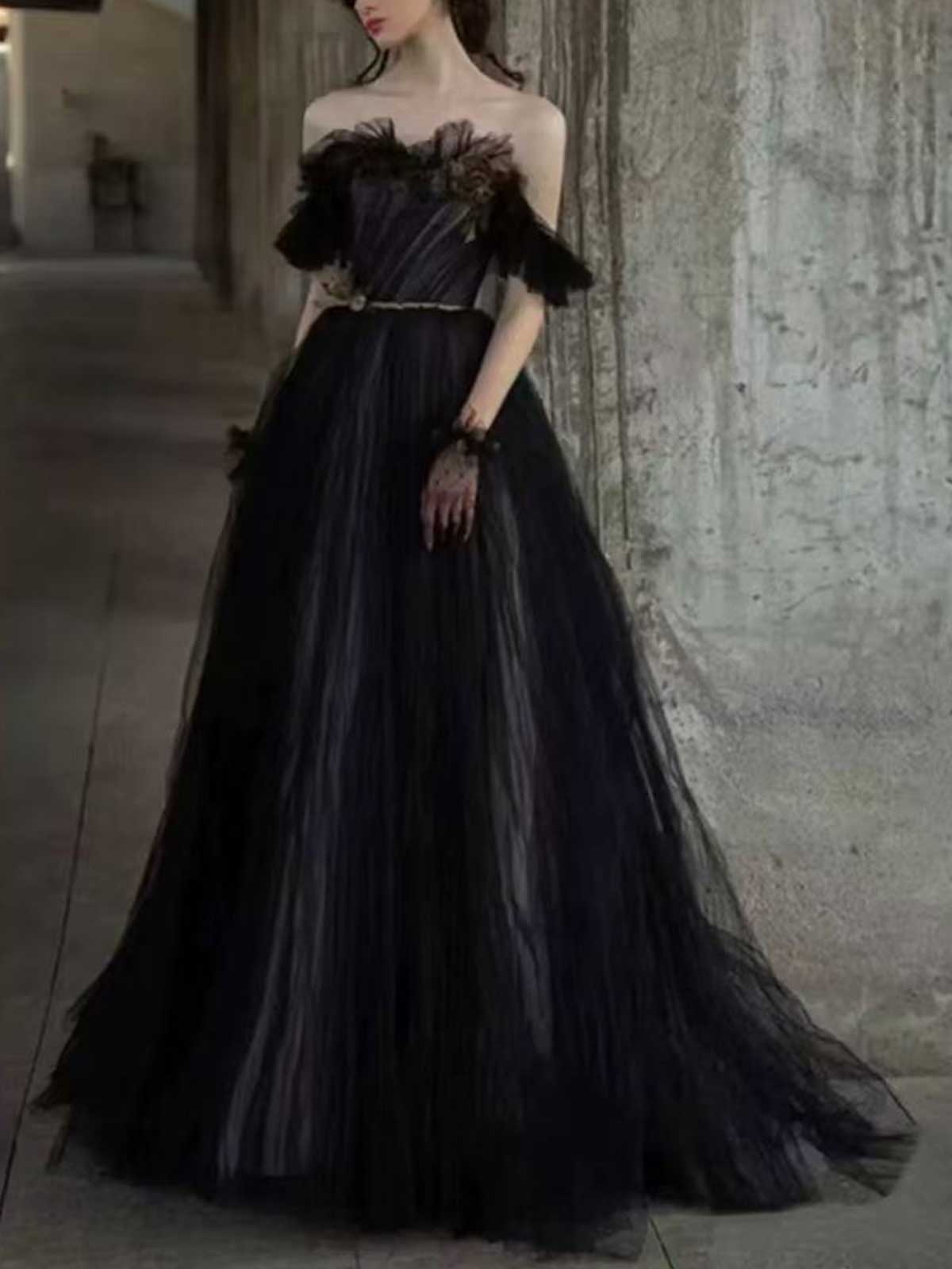 Black Off-the-Shoulder Tulle Evening Gown with Pleated Skirt