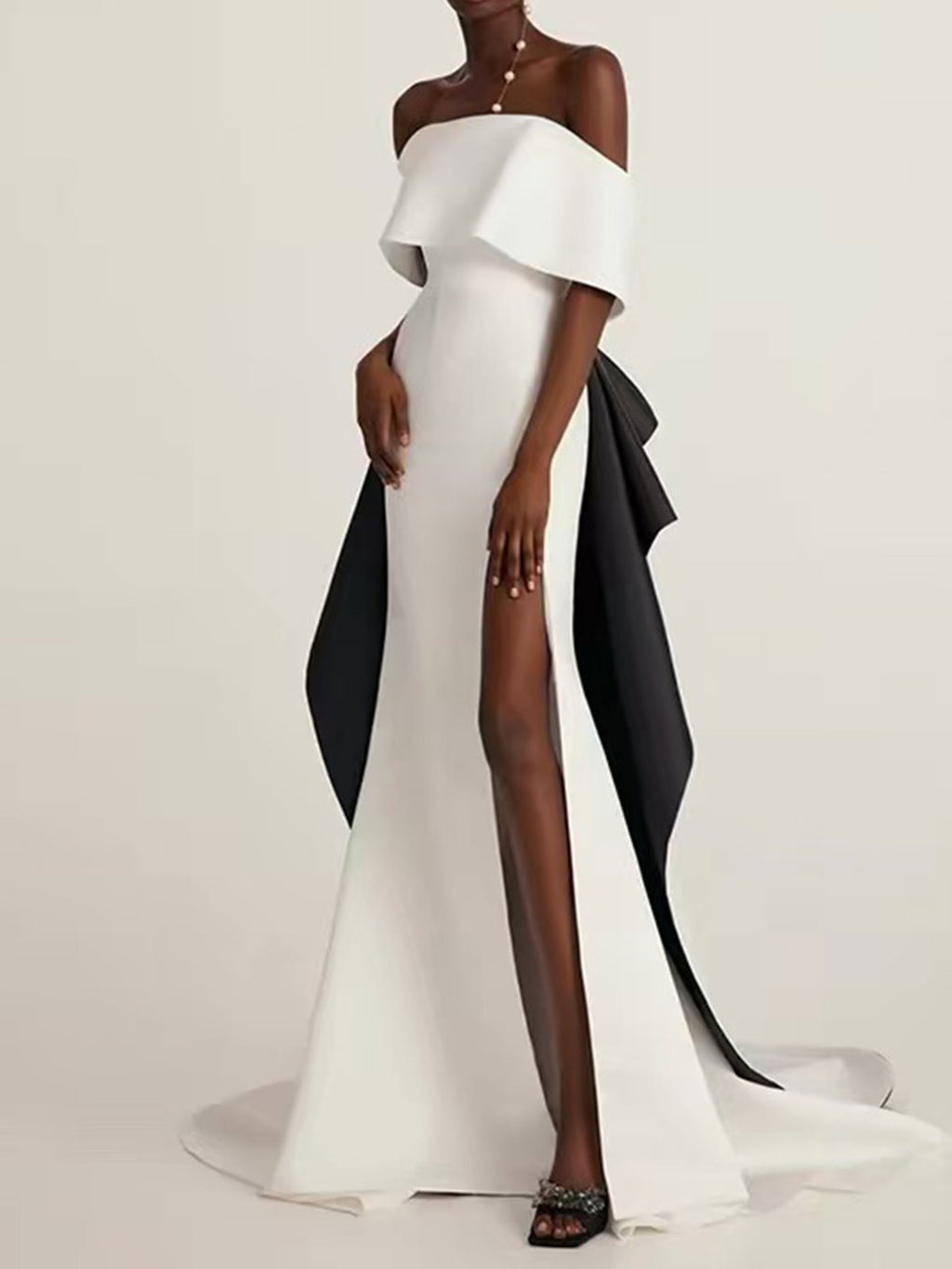 White Black Colorblock Off-the-Shoulder Satin High Slit Mermaid Evening Gown