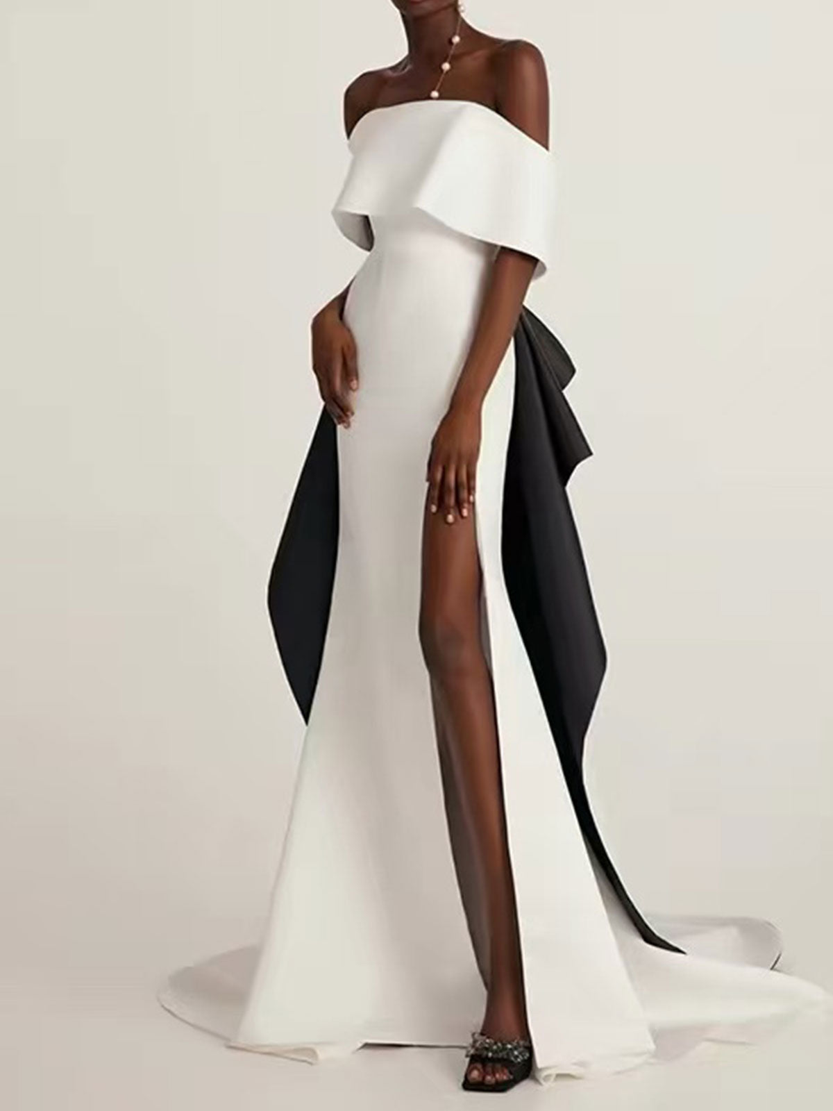 White Black Colorblock Off-the-Shoulder Satin High Slit Mermaid Evening Gown