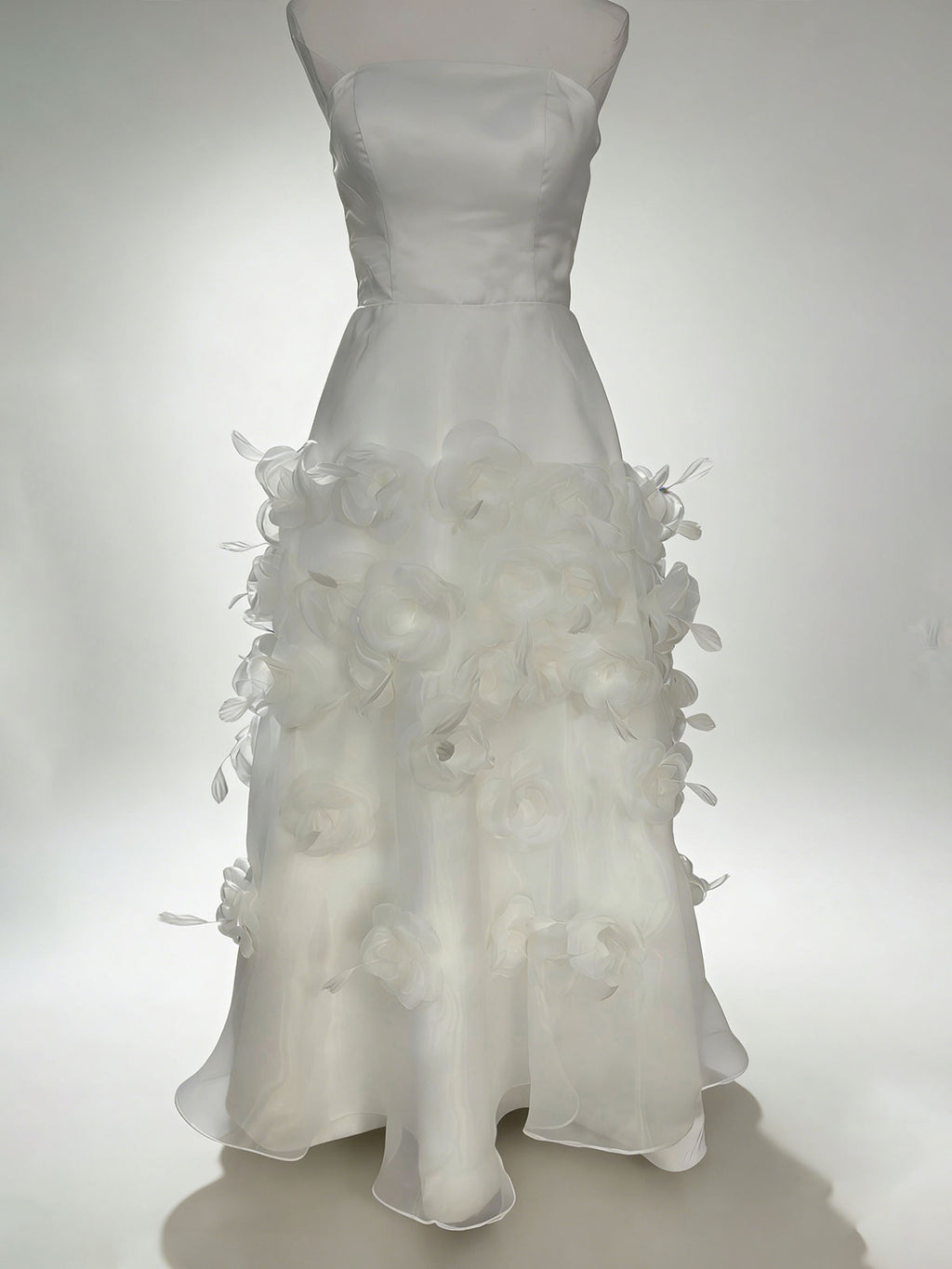 Romantic White Midi Wedding Dress with Sheer Neckline & Floral Skirt