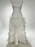 Romantic White Midi Wedding Dress with Sheer Neckline & Floral Skirt