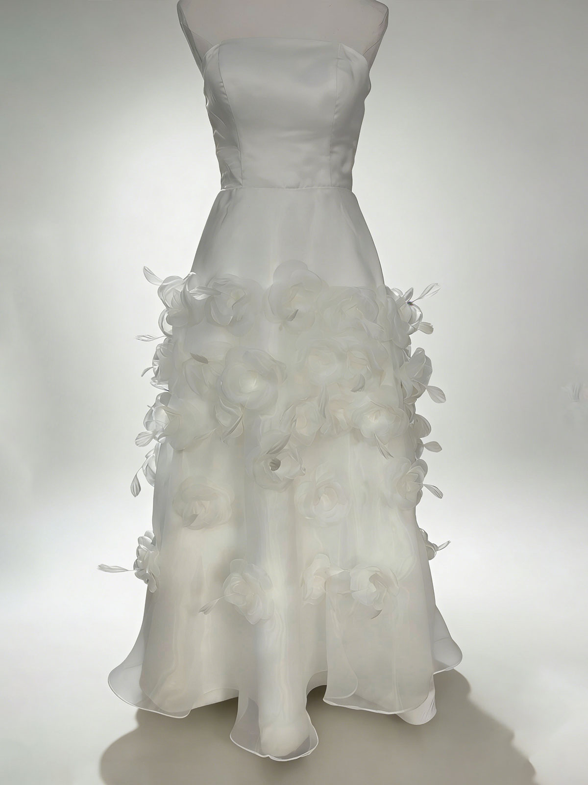 Romantic White Midi Wedding Dress with Sheer Neckline & Floral Skirt