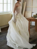 Ivory Lace Strapless Satin Ball Gown Wedding Dress with Gloves