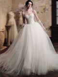 Ivory Lace Strapless Tulle Ball Gown Wedding Dress with Long Gloves