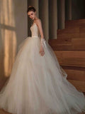 Ivory Lace Spaghetti Strap Wedding Dress with Voluminous Tulle Skirt