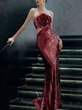 Burgundy Red Strapless Sequin Mermaid Evening Gown with 3D Rose