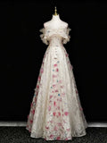 Champagne Off-the-Shoulder Evening Gown with 3D Floral Appliqués