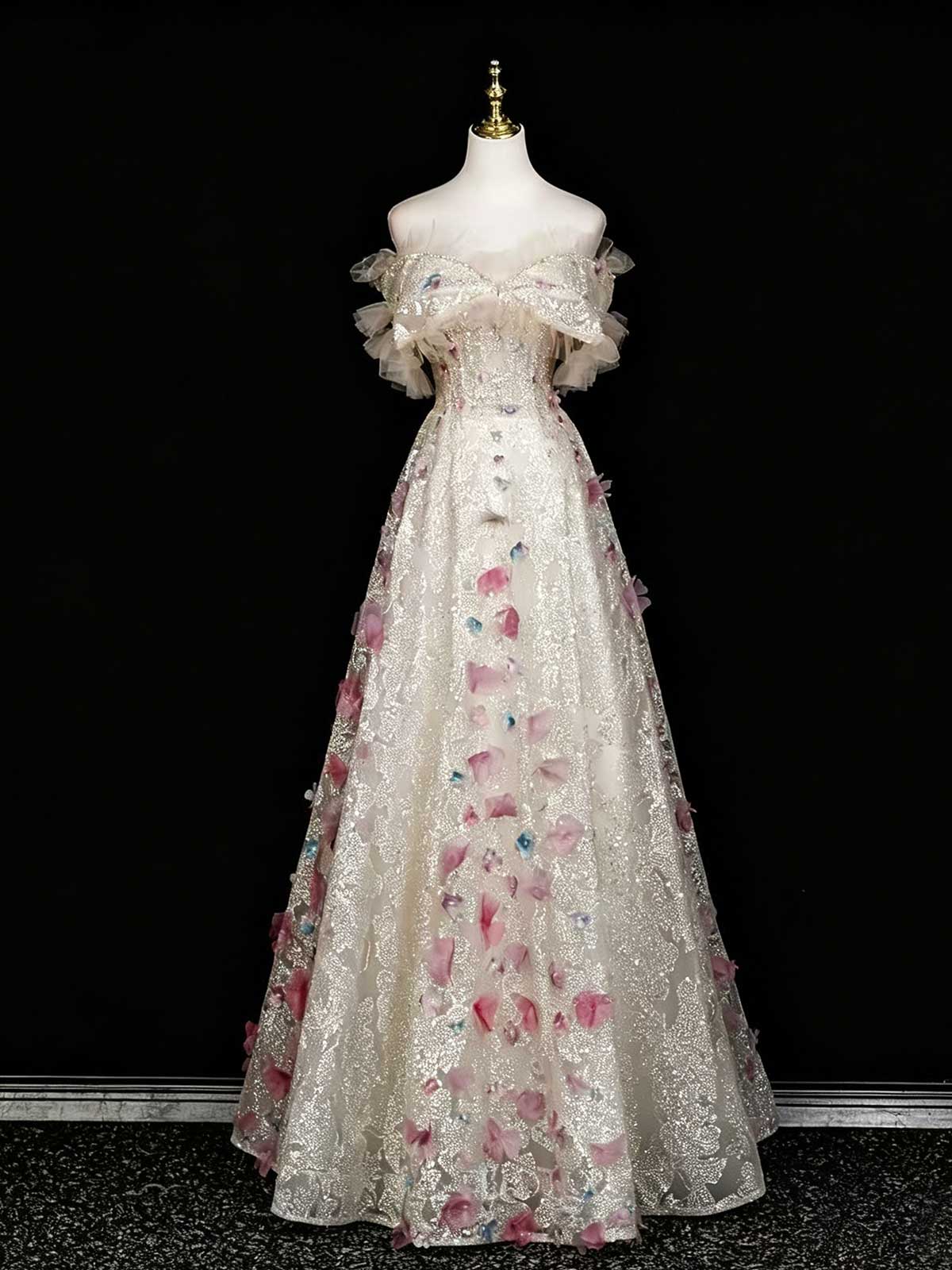 Champagne Off-the-Shoulder Evening Gown with 3D Floral Appliqués