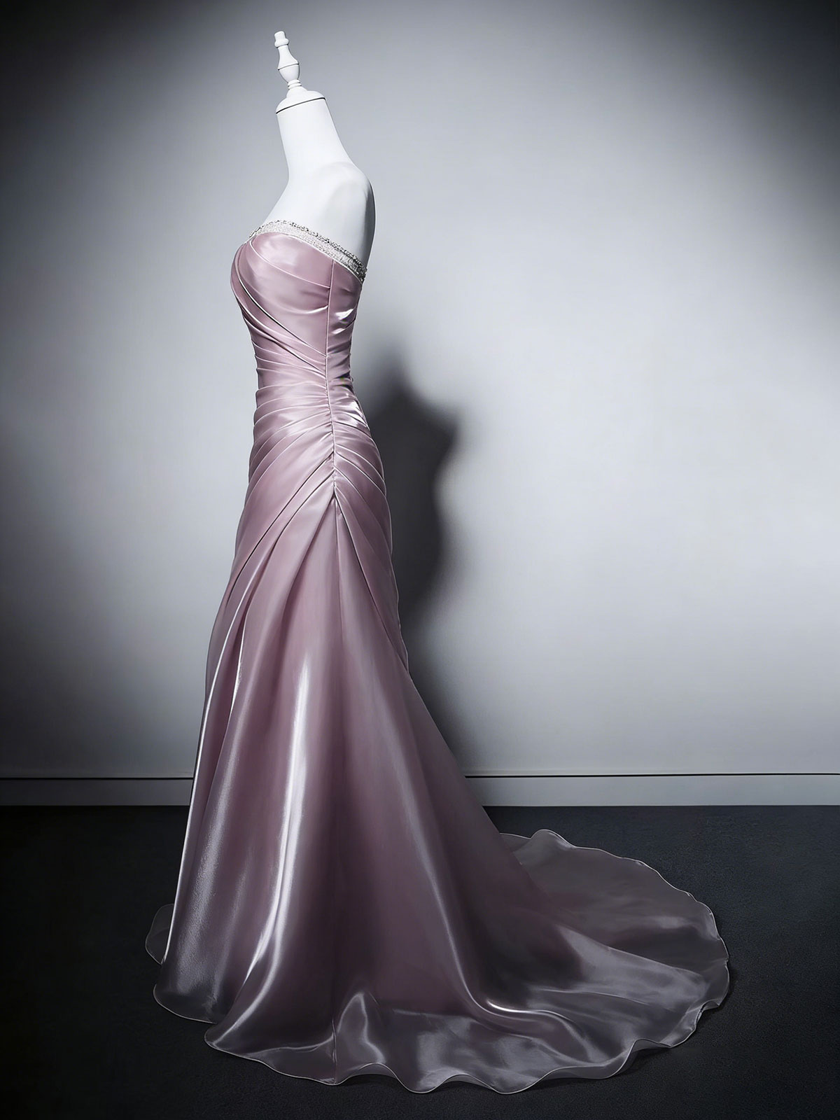 Dusty Pink Satin Mermaid Gown with Ruched Detailing