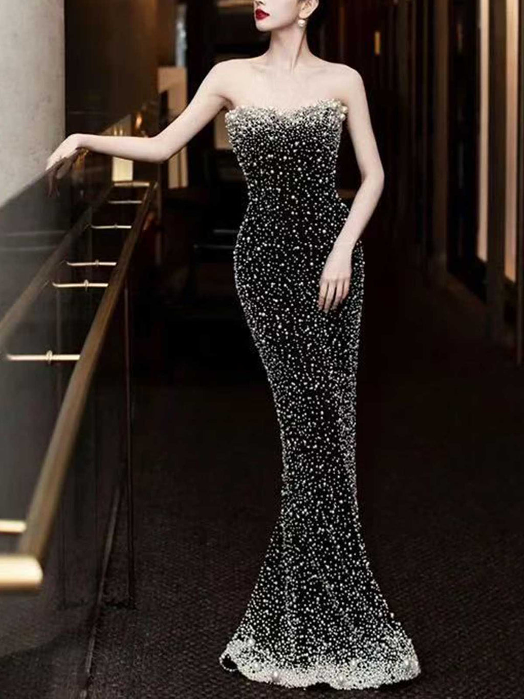 Black Strapless Pearl Embellished Mermaid Evening Gown