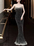 Black Strapless Pearl Embellished Mermaid Evening Gown