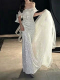 White Off-the-Shoulder Sequin Mermaid Wedding Dress with Detachable Train