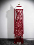 Burgundy Strapless Lace Evening Gown with Tassels and Chiffon Cape