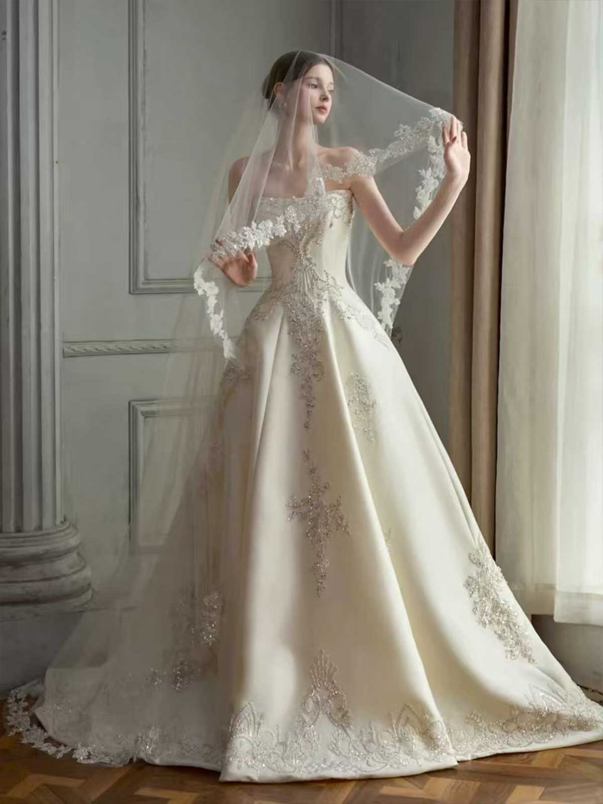 Champagne Gold Beaded Strapless Satin A-Line Wedding Dress with Veil