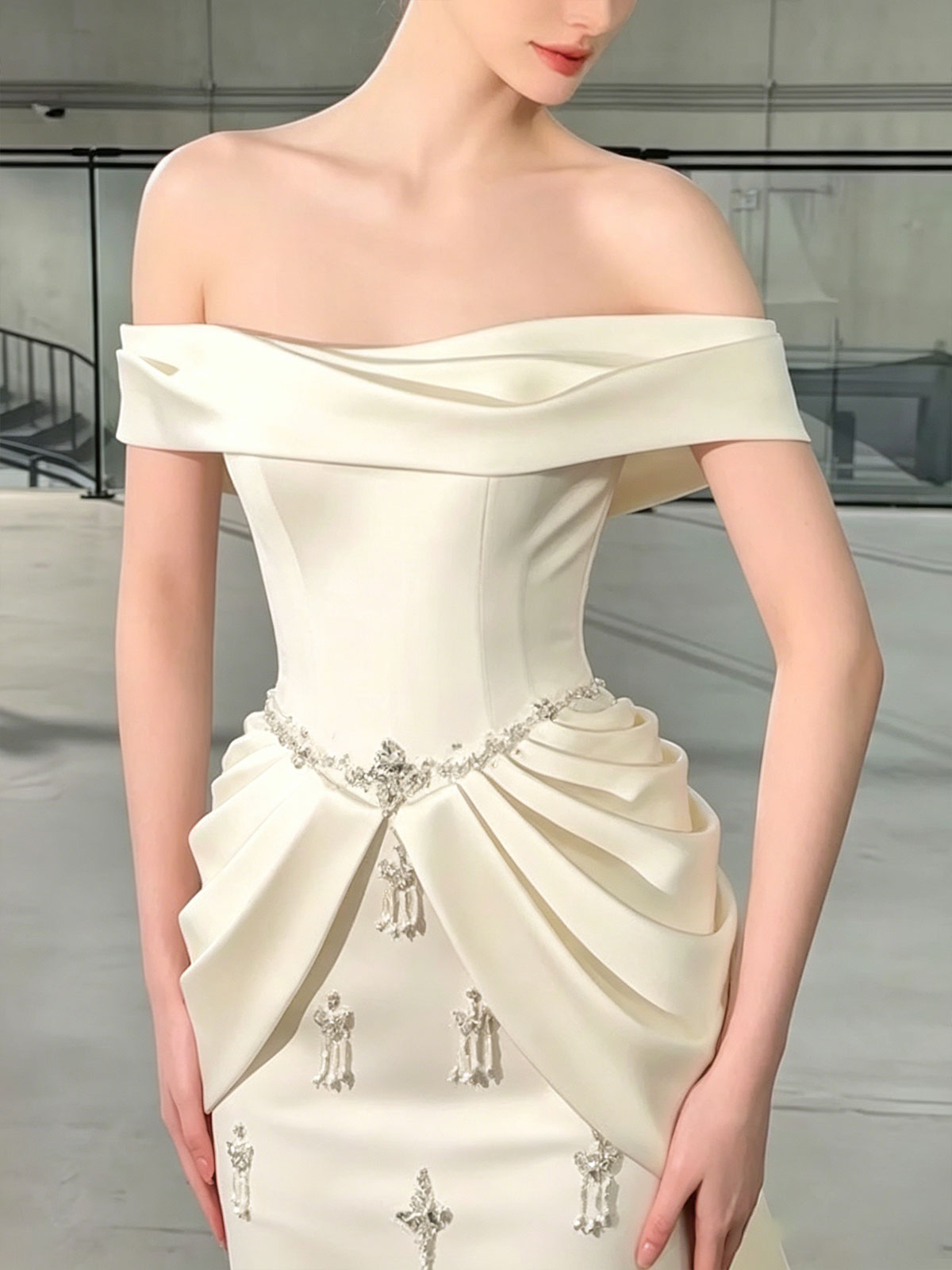 Off Shoulder Twist Waist Beaded Satin Mermaid Train Wedding Gown