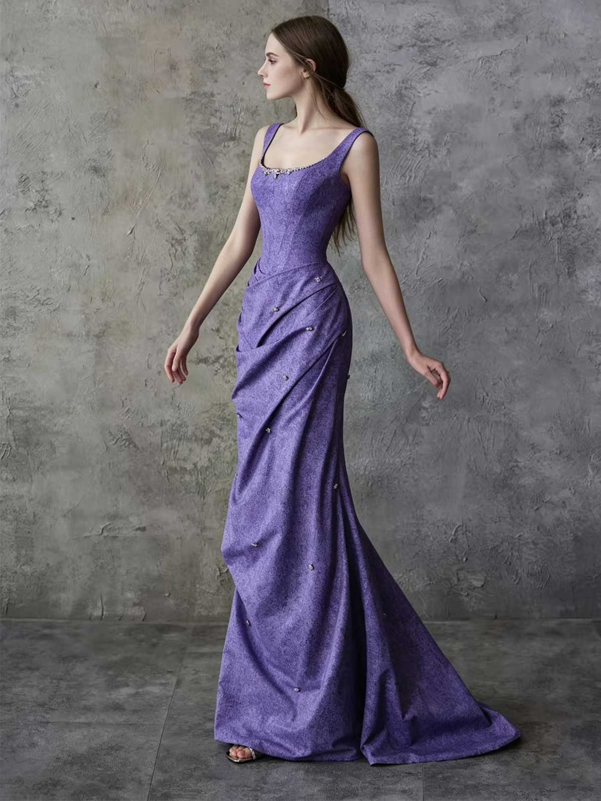 Purple Sleeveless Satin Mermaid Evening Gown with Beaded Neckline