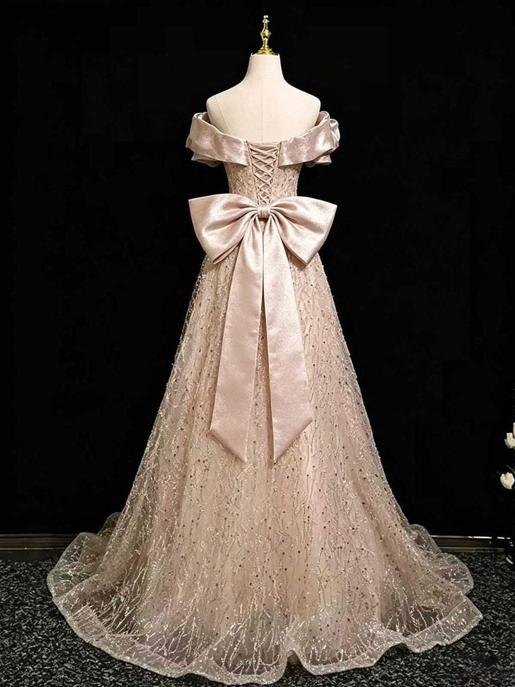 Champagne Pink Off-the-Shoulder Beaded Tulle Ball Gown with Bow Back