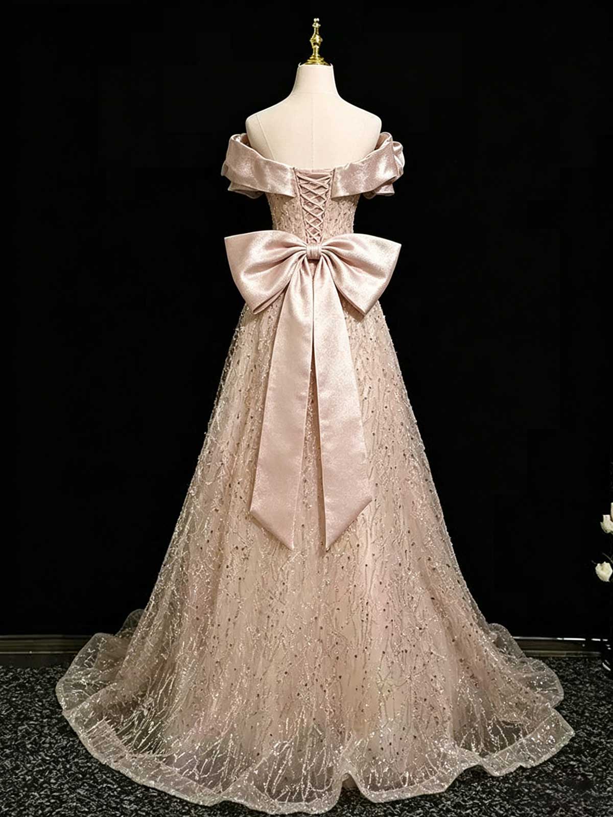 Champagne Pink Off-the-Shoulder Beaded Tulle Ball Gown with Bow Back